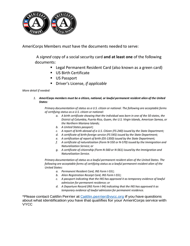 AmeriCorps Membership Documentation Requirements screenshot
