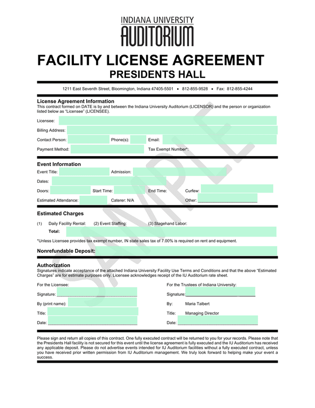 Facility License Agreement   Presidents Hall screenshot