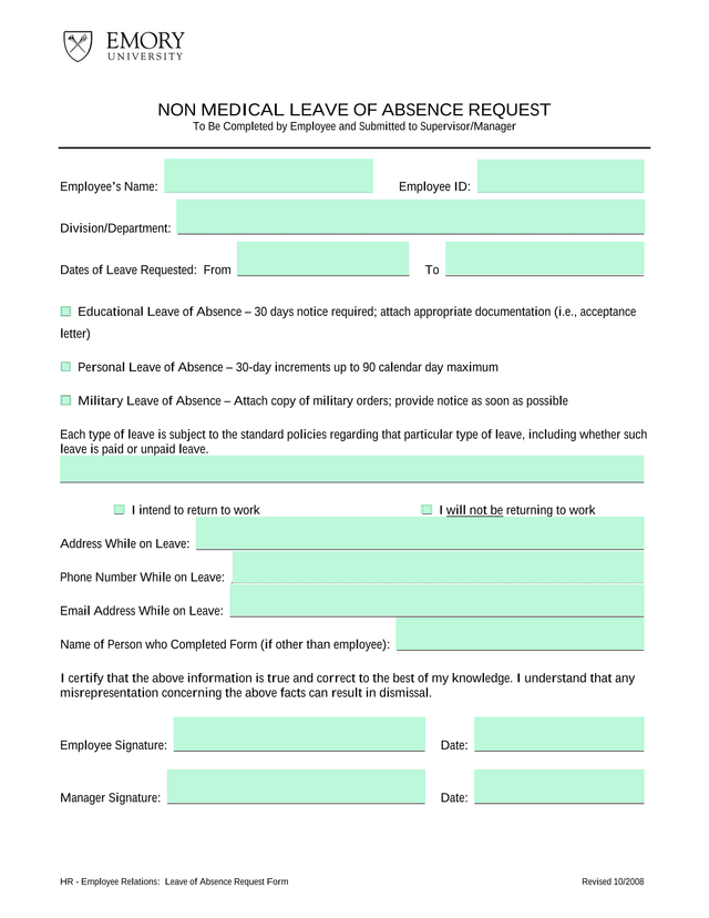 Non Medical Leave Of Absence Request Form screenshot