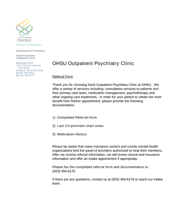 OHSU Outpatient Psychiatry Clinic Referral Form screenshot