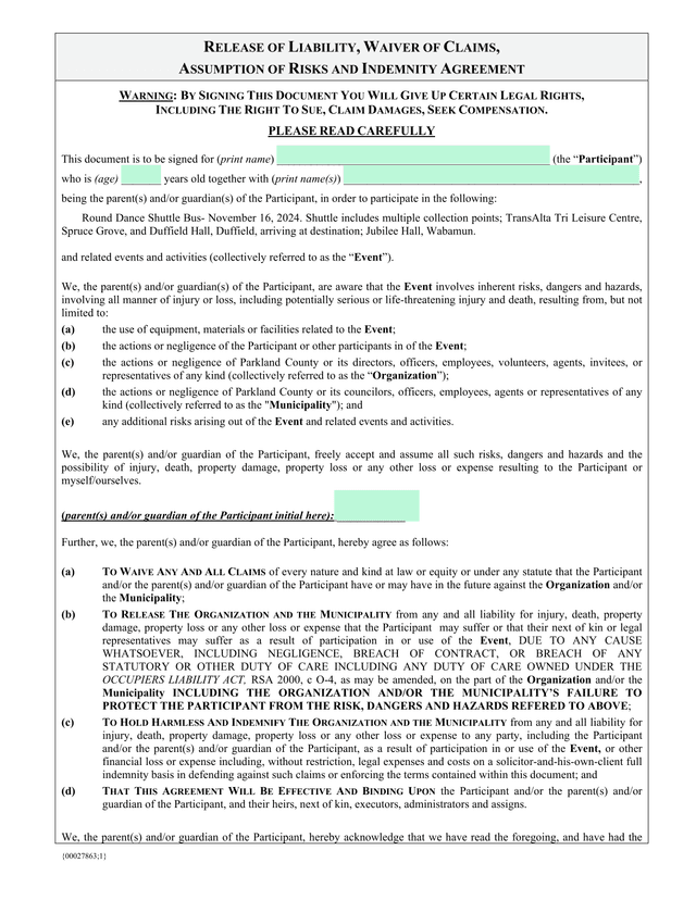 Release Of Liability, Waiver Of Claims, Assumption Of Risks And Indemnity Agreement screenshot