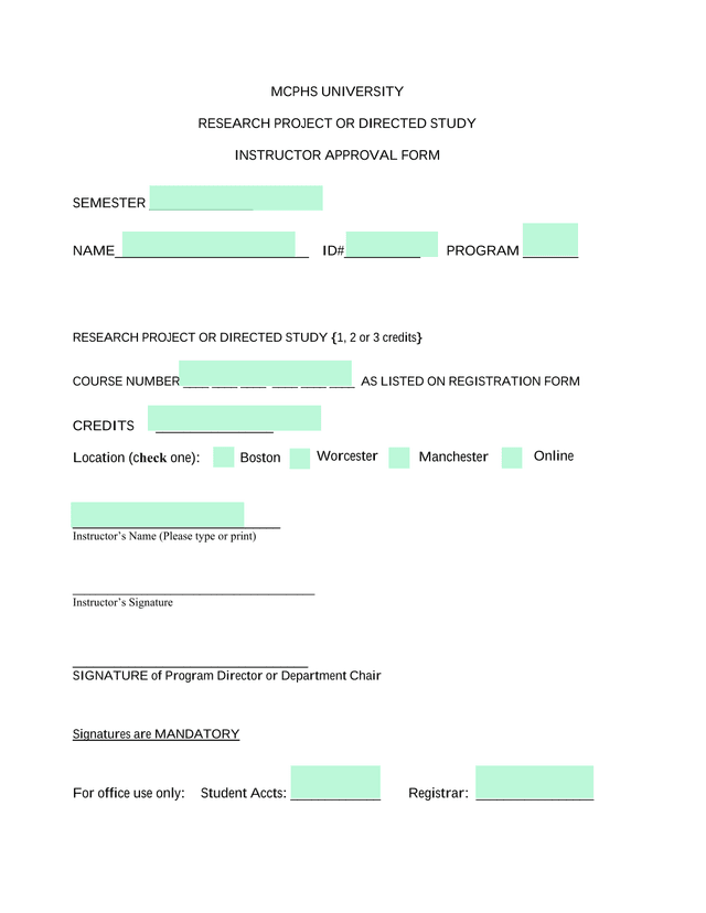 MCPHS University Research Project Or Directed Study Instructor Approval Form screenshot