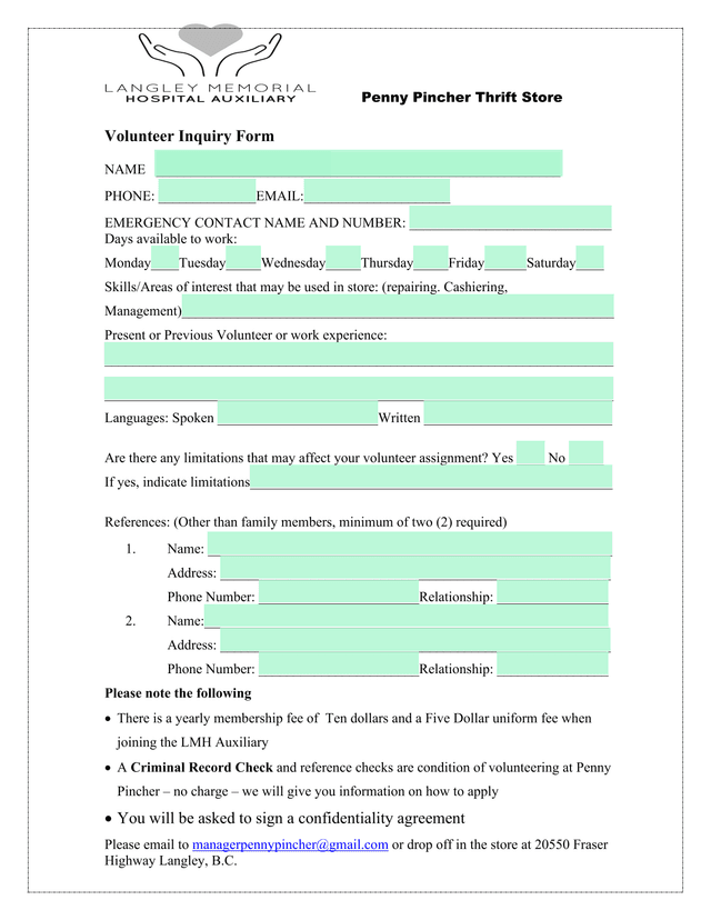 Volunteer Inquiry Form screenshot
