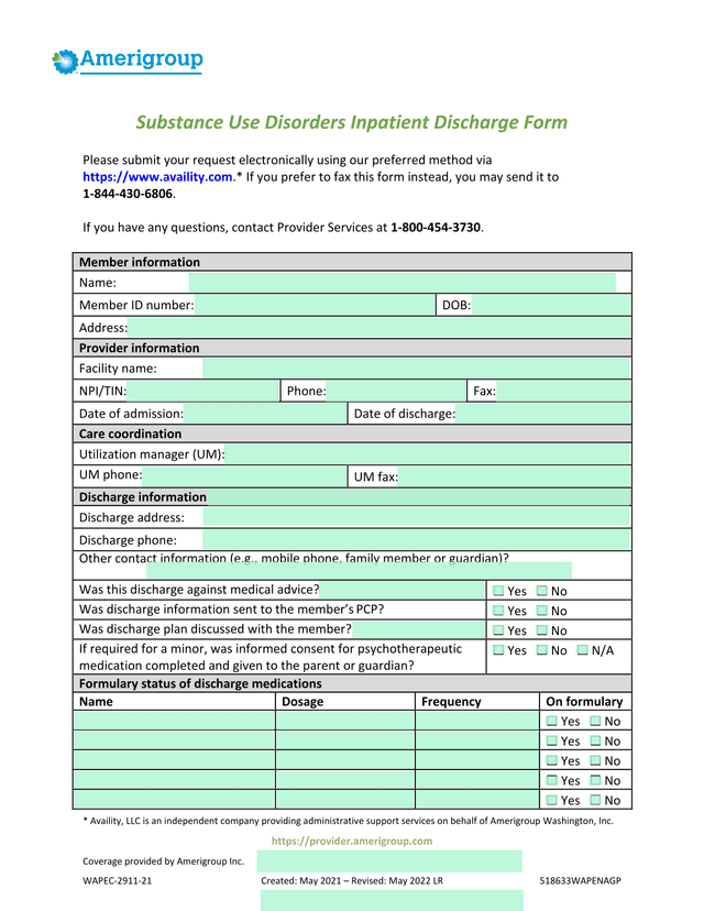 Substance Use Disorders Inpatient Discharge Form screenshot