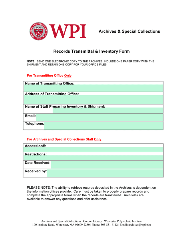Records Transmittal  Inventory Form screenshot