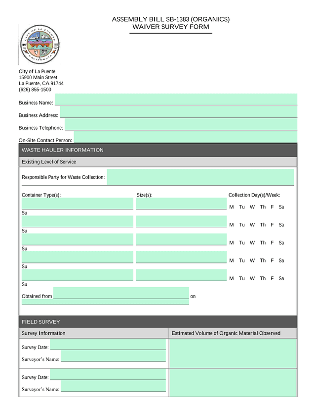 SB 1383 (Organics) Waiver Survey Form screenshot