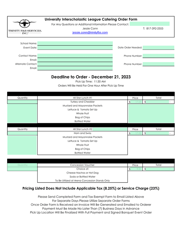 University Interscholastic League Catering Order Form screenshot