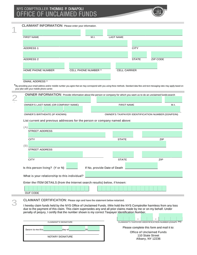 New York State ComptrollerS Office  Office Of Unclaimed Funds Claim Form screenshot