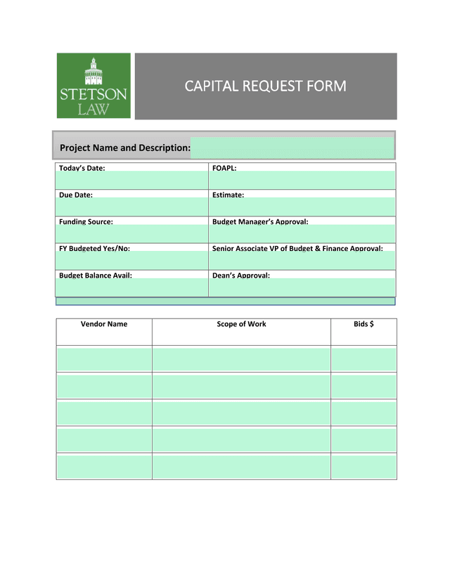 Capital Request Form screenshot