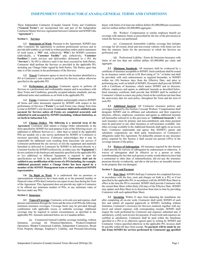 Independent Contractor (Canada) General Terms And Conditions screenshot