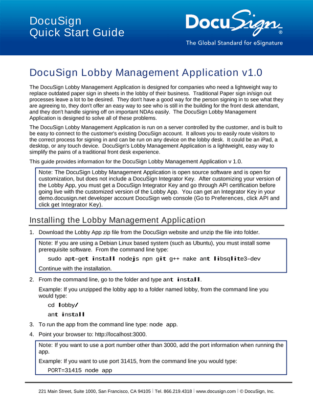 DocuSign Lobby Management Application Quick Start Guide screenshot