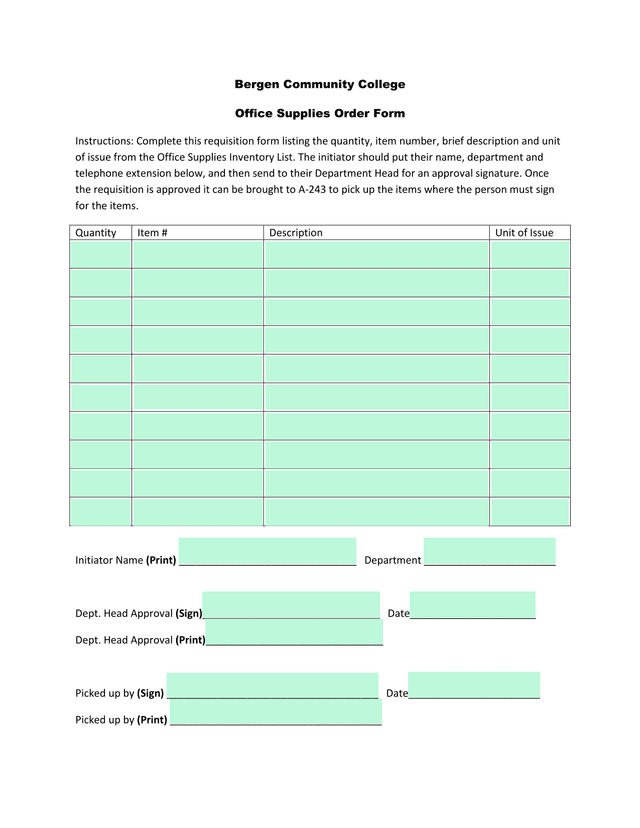 Bergen Community College Office Supplies Order Form screenshot