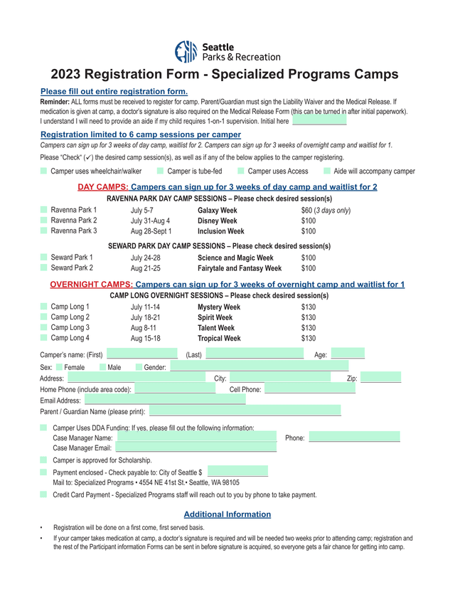 2023 Registration Form   Specialized Programs Camps screenshot