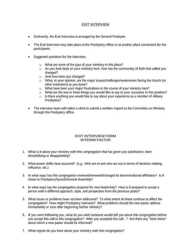 Exit Interview Form For Interim Pastor screenshot