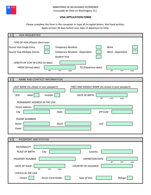VISA APPLICATION FORM screenshot