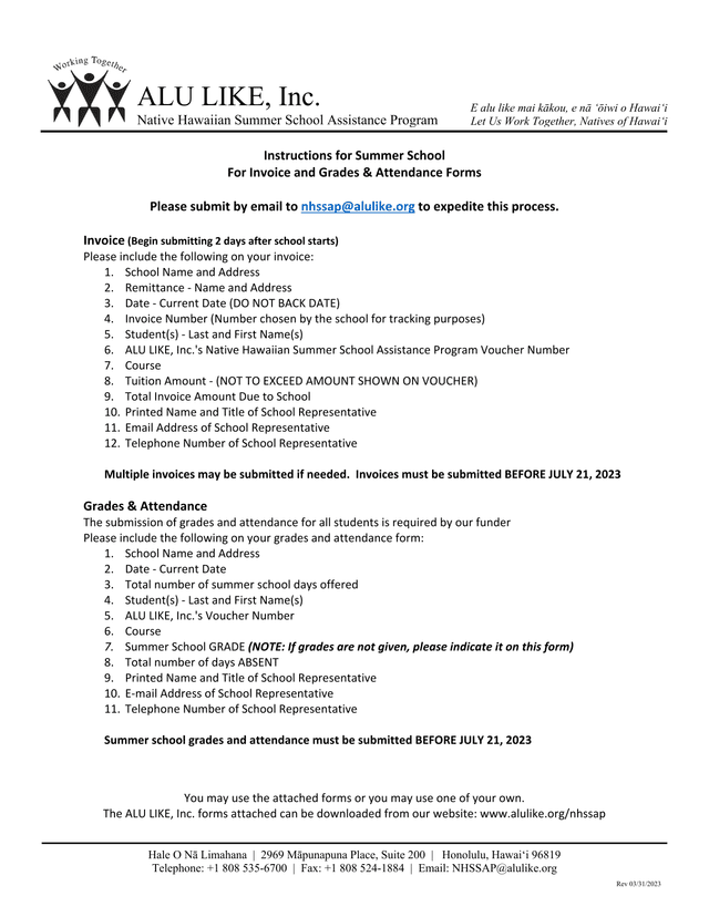 Native Hawaiian Summer School Assistance Program Instructions screenshot