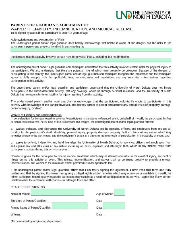 ParentS Or GuardianS Agreement Of Waiver Of Liability, Indemnification, And Medical Release screenshot