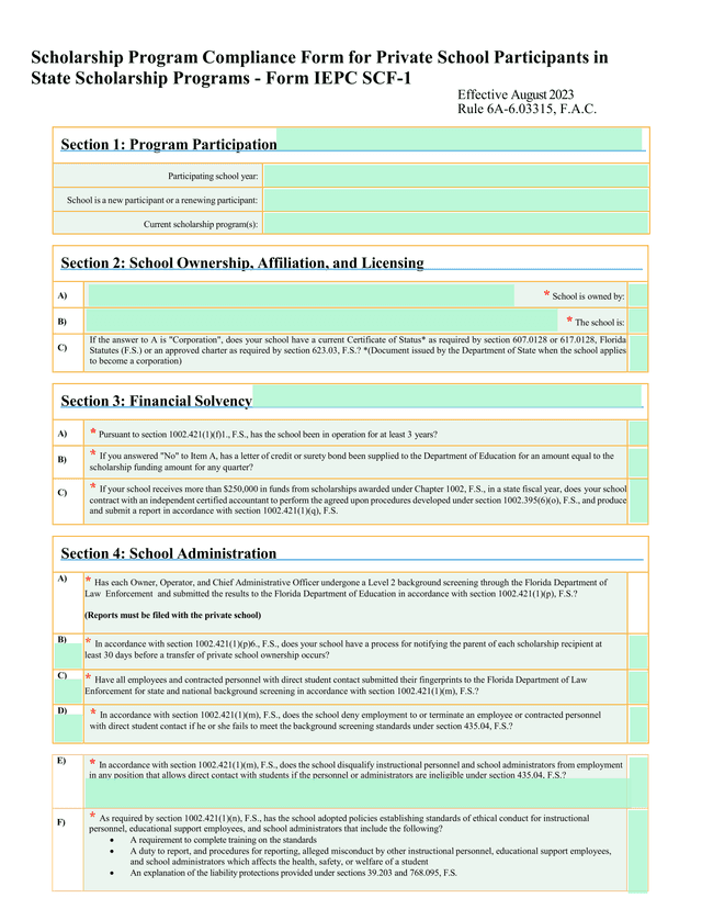 Scholarship Program Compliance Form For Private School Participants In State Scholarship Programs    screenshot