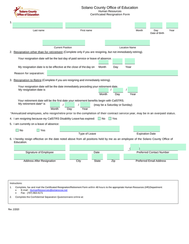 Certificated Resignation Form screenshot