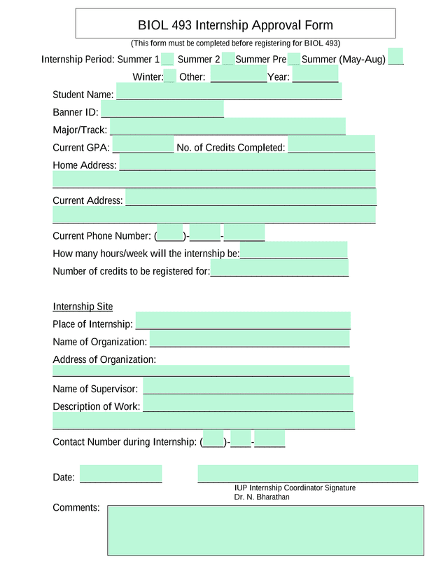 BIOL 493 Internship Approval Form screenshot