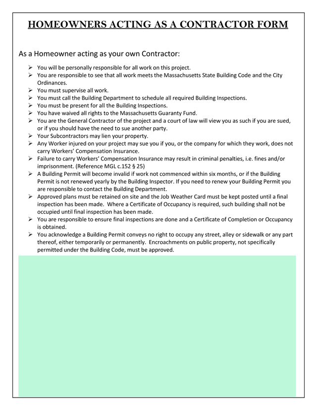 HOMEOWNERS ACTING AS A CONTRACTOR FORM screenshot