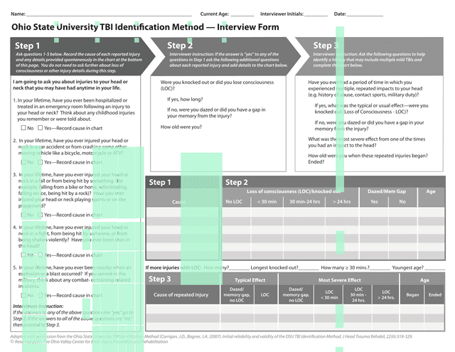 Ohio State University TBI Identification Method  Interview Form screenshot