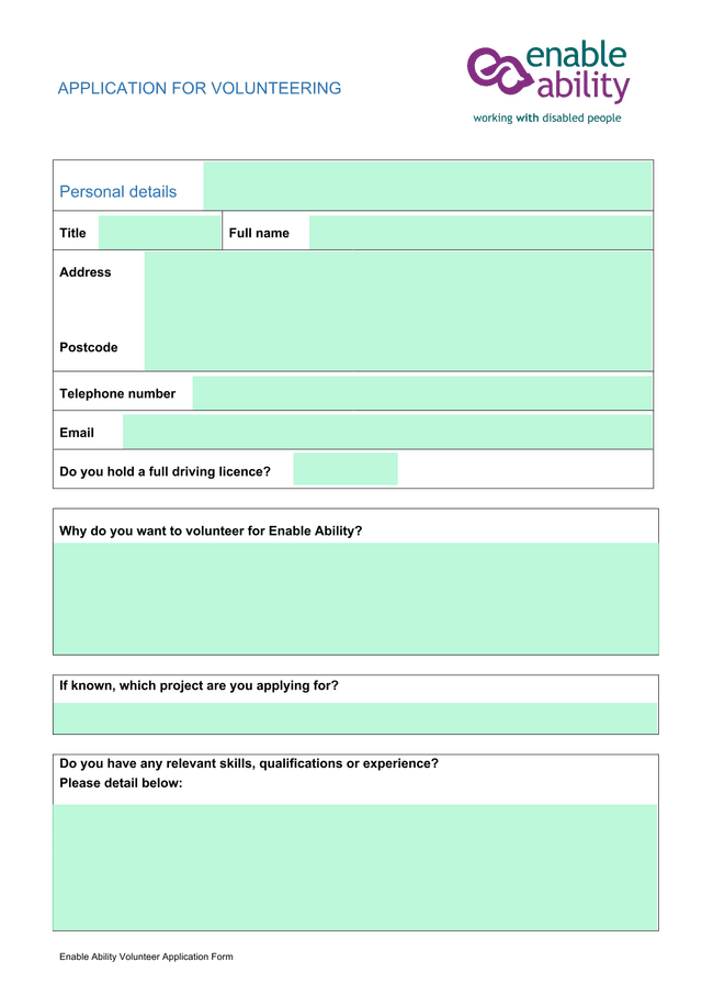 Enable Ability Volunteer Application Form screenshot