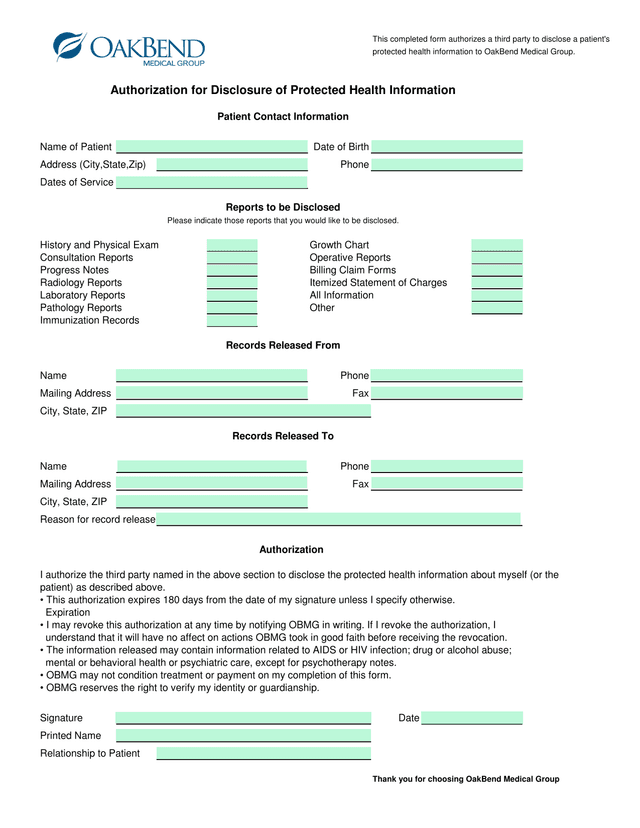 Authorization For Disclosure Of Protected Health Information screenshot