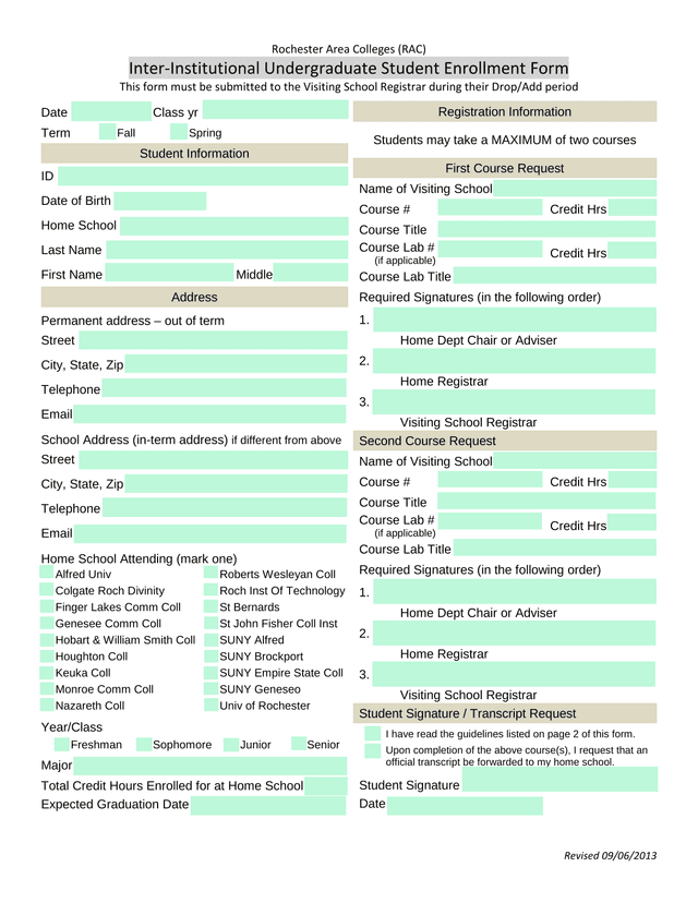 Rochester Area Colleges (RAC) Inter Institutional Undergraduate Student Enrollment Form screenshot