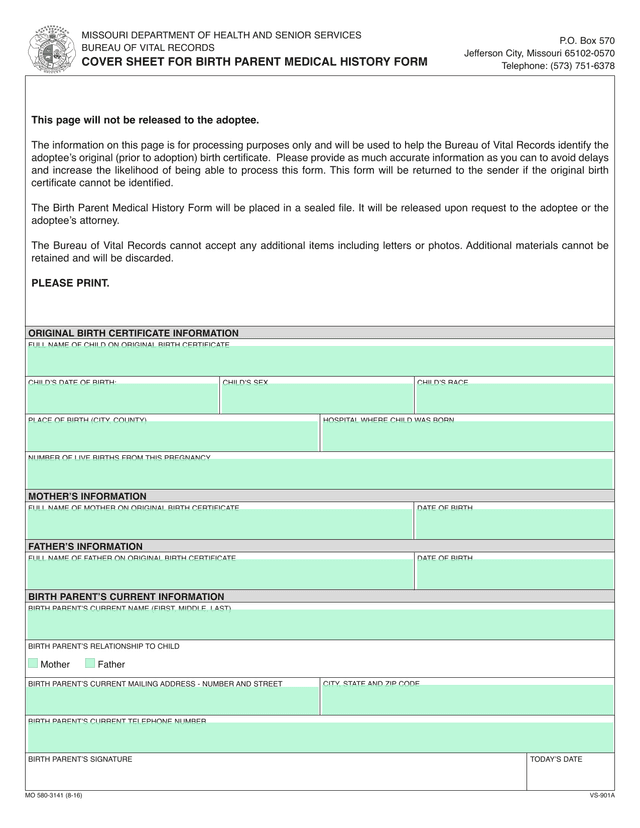 Cover Sheet For Birth Parent Medical History Form screenshot
