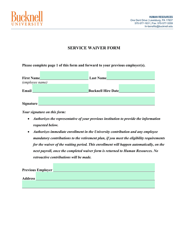 SERVICE WAIVER FORM screenshot