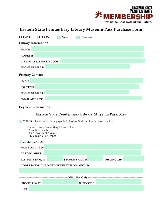 Eastern State Penitentiary Library Museum Pass Purchase Form screenshot