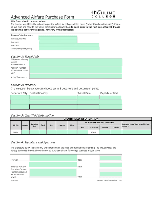 Advanced Airfare Purchase Form screenshot