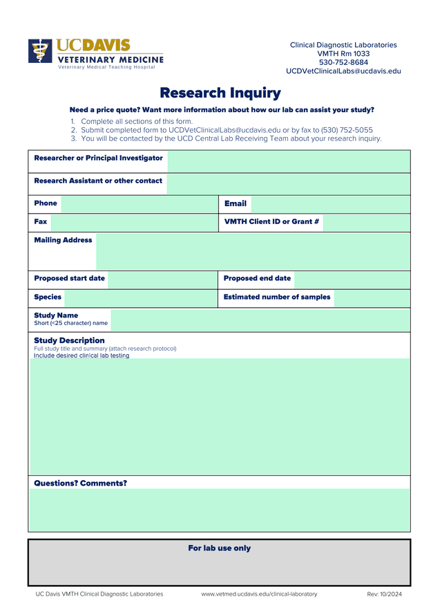 Research Inquiry Form   UC Davis Veterinary Medical Teaching Hospital screenshot