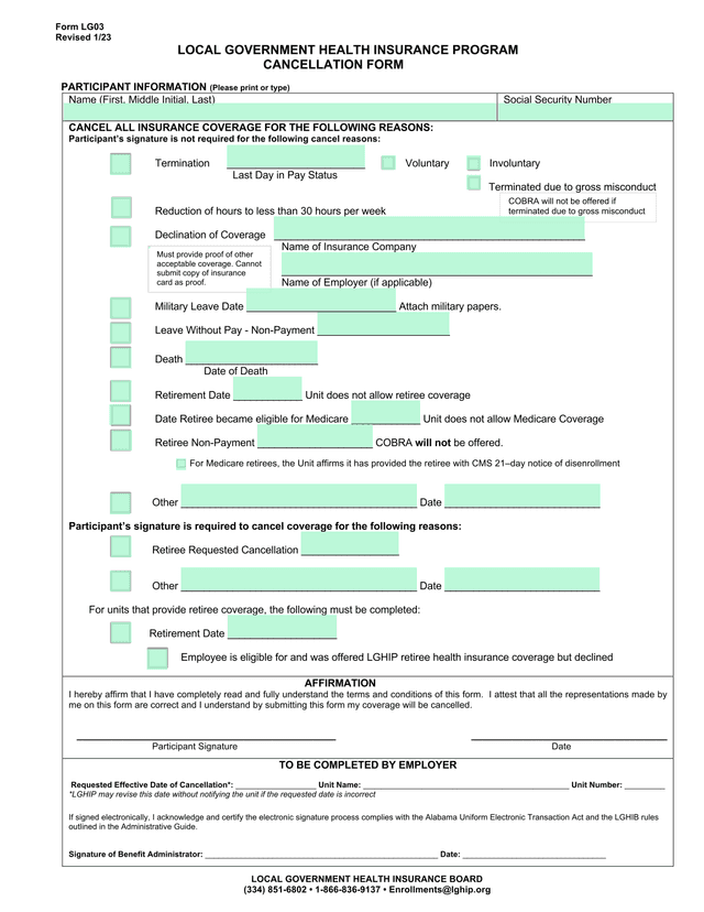 Form LG03 Local Government Health Insurance Program Cancellation Form screenshot