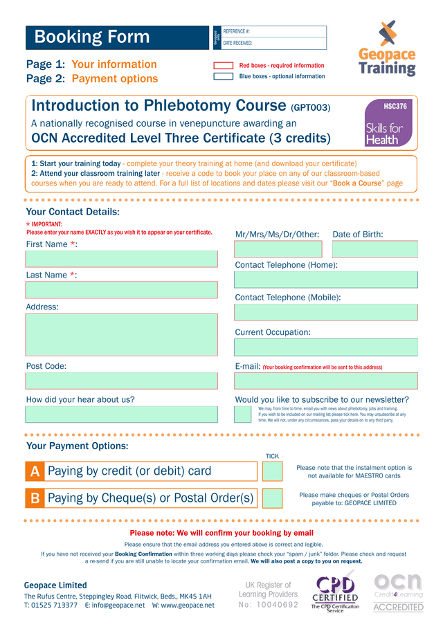 Phlebotomy Course Booking Form screenshot