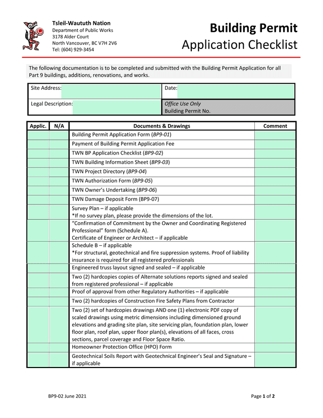 Tsleil Waututh Nation Building Permit Application Checklist screenshot
