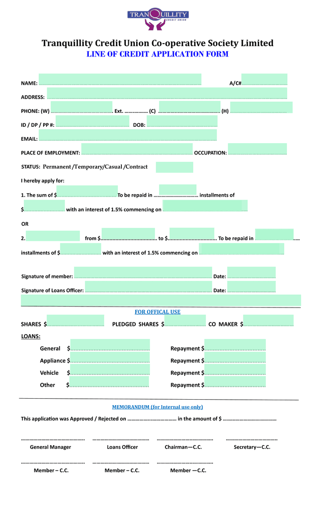 Line Of Credit Application Form screenshot