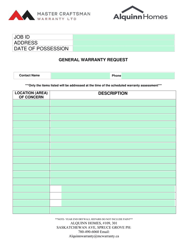General Warranty Request screenshot