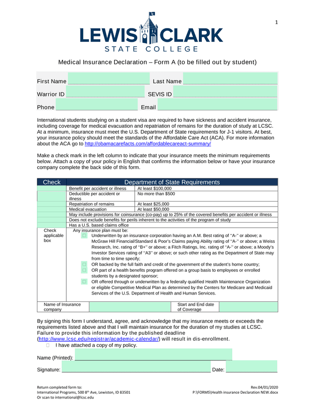 Medical Insurance Declaration  Form A screenshot