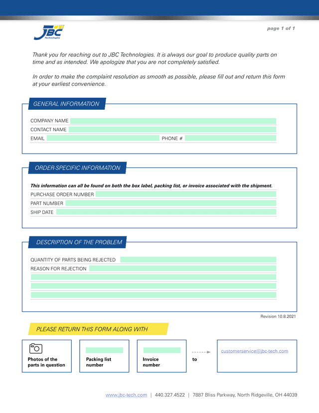 Parts Rejection Form screenshot