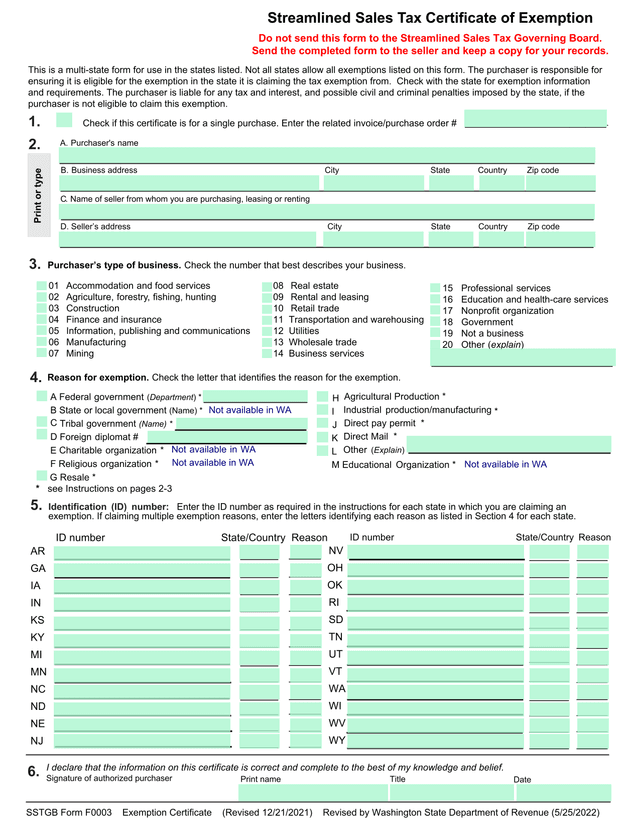 Streamlined Sales Tax Certificate Of Exemption screenshot