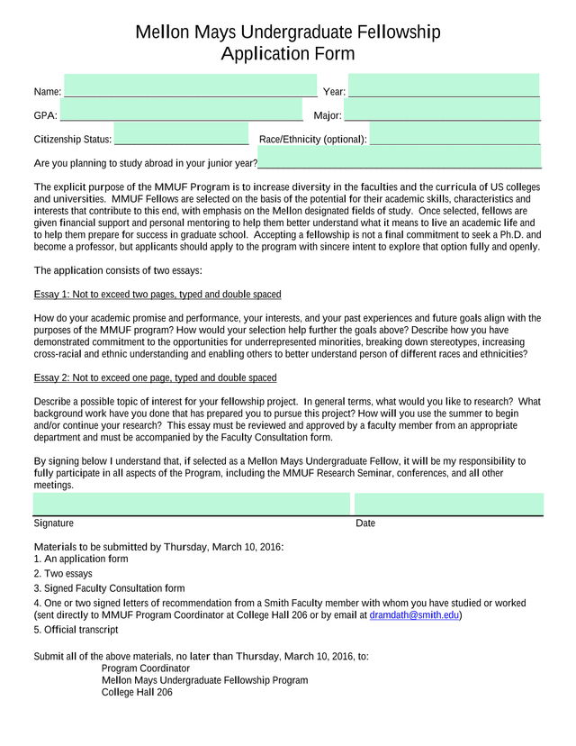 Mellon Mays Undergraduate Fellowship Application Form screenshot