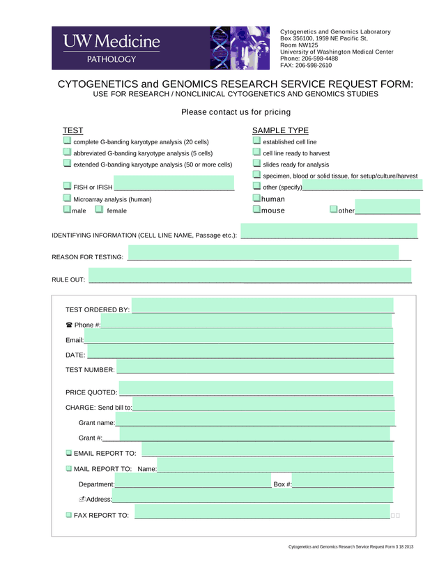 CYTOGENETICS And GENOMICS RESEARCH SERVICE REQUEST FORM screenshot