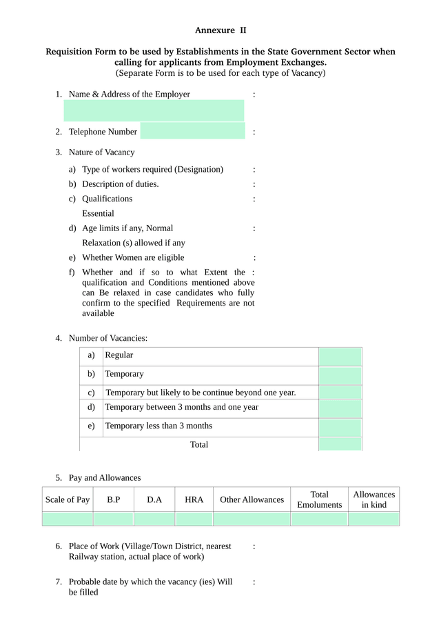Annexure II   Requisition Form For Employment Exchanges screenshot