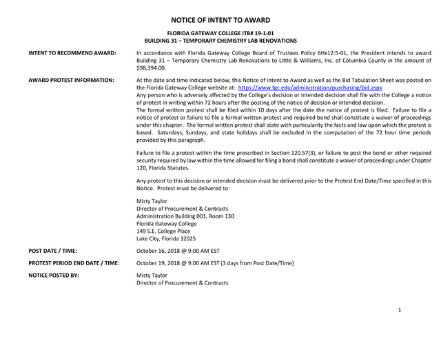 NOTICE OF INTENT TO AWARD screenshot