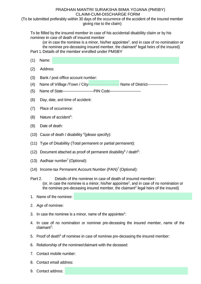PRADHAN MANTRI SURAKSHA BIMA YOJANA (PMSBY) CLAIM CUM DISCHARGE FORM screenshot