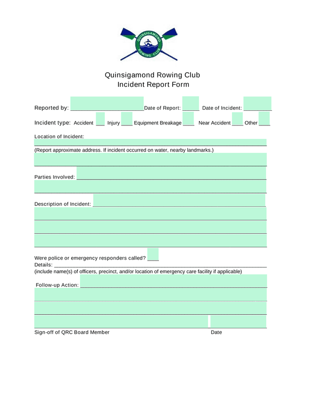 Quinsigamond Rowing Club Incident Report Form screenshot