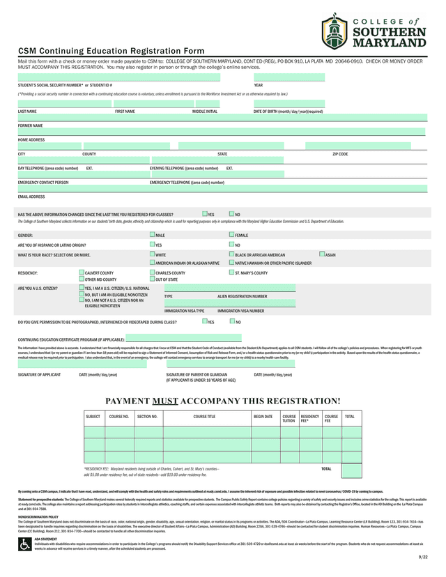 College Of Southern Maryland Continuing Education Registration Form screenshot