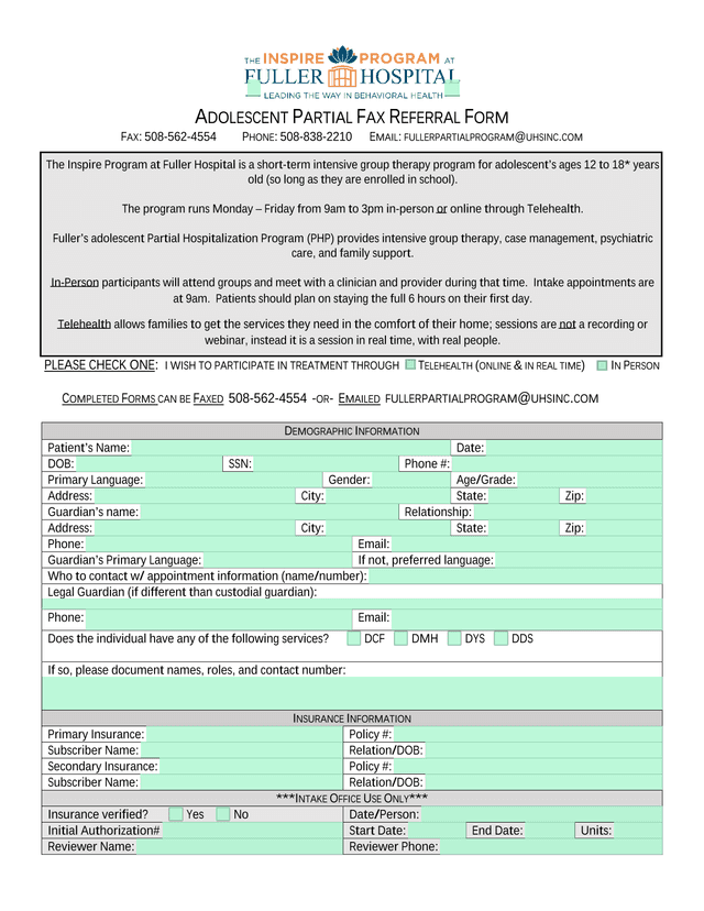 Adolescent Partial Fax Referral Form screenshot